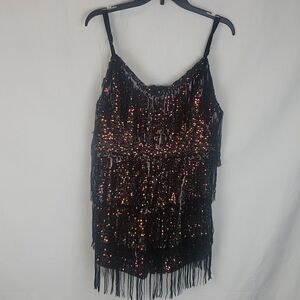 Double Crazy 3XL Copper & Green Sequin Black Tassel Bodysuit